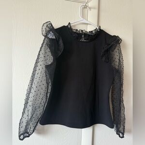 Black Sheer Dot Sleeve Ruffle shoulder Women's Top size S